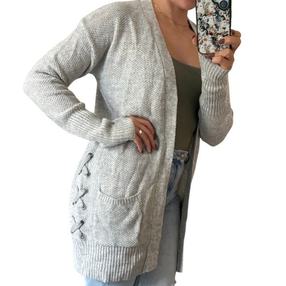 SO S Light Heather Grey Long Lace Up Drape Long Sleeve Cardigan Sweater - Picture 2 of 9